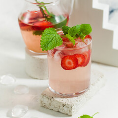 Summer drink refreshing strawberry lemonade with mint