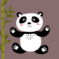 Cute panda baby isolated on color background. Funny asian animals. Card, postcards for kids. Little bear child smiling. Flat vector illustration for fabric, banner, card, wallpaper, poster.