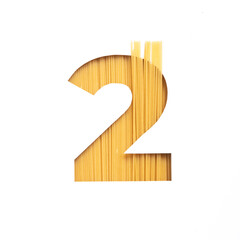 Number two made of spaghetti and white cut paper in shape of second numeral. Typeface of pasta....