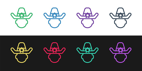 Set line Sheriff cowboy hat with star badge icon isolated on black and white background. Police officer. Vector