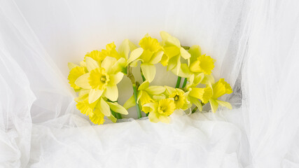 composition of spring flowers on a white fabric. delicate tulle in a mesh in waves. simple layout for greeting card, banner