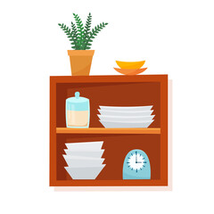Kitchen equipment and tools on shelf. Flat style vector illustration. 