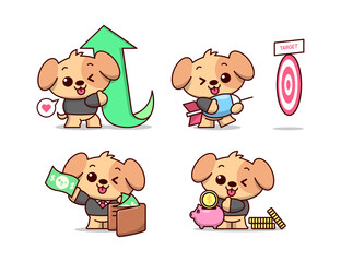 CUTE DOG WEARING OFFICE WORKER SUIT CARTOON CHARACTER. BUSINESS CONCEPT VECTOR SET.