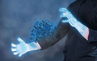 Frozen hands with cold stone shattering