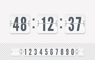Vector modern ui design of old time meter with numbers. White scoreboard number font with shadows. Retro design score board clock template isolated on white