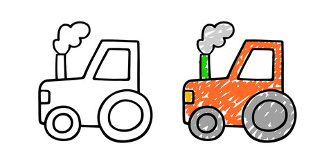 Hand drawn cute tractor vector illustration. Kids doodle. Outline icon vehicle.