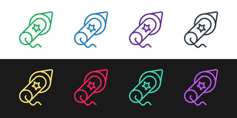 Set line Firework icon isolated on black and white background. Concept of fun party. Explosive pyrotechnic symbol. Vector