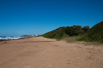 Stretch of Beach and Vegetation with Layered Rocks on Shoreline