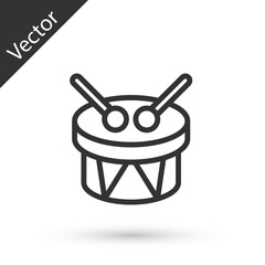 Grey line Musical instrument drum and drum sticks icon isolated on white background. Vector