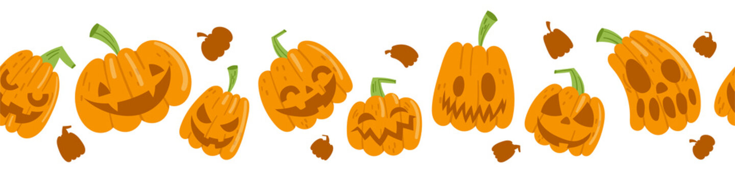 Seamless border with cute cartoon pumpkins. Halloween. Background white. Vector illustration