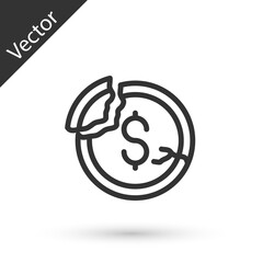 Grey line Dollar rate decrease icon isolated on white background. Cost reduction. Money symbol with down arrow. Business lost crisis decrease. Vector