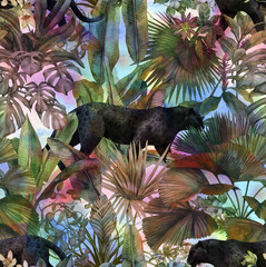 Tropical leaves, panther and orchid. Seamless vintage pattern. Wallpapers with tropical flowers and leaves © Арина Трапезникова