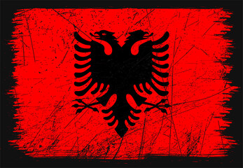 Creative grunge flag of Albania country. Happy independence day of Albania. Brush flag on shiny black background