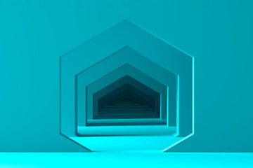 Minimal pastel abstract background and mock up for the presentation and exhibitions of products. Hexagonal hexagonal arches in the blue walls in perspective and a light and shadow. 3d illustration