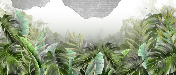 Fototapety  tropikalne liście na ścianie w tle, fototapeta