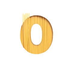 Number zero made of italian pasta spaghetti, paper cut null shape on white. Typeface for products...