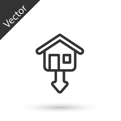 Grey line Property and housing market collapse icon isolated on white background. Falling property prices. Real estate stock risk or economic recession. Vector