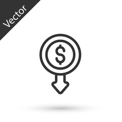 Grey line Dollar rate decrease icon isolated on white background. Cost reduction. Money symbol with down arrow. Business lost crisis decrease. Vector