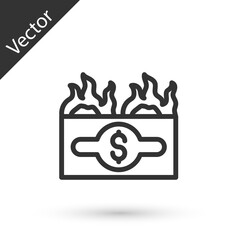 Grey line Burning dollar bill icon isolated on white background. Dollar bill on fire. Burning of savings. Vector