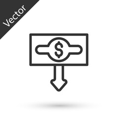 Grey line Dollar rate decrease icon isolated on white background. Cost reduction. Money symbol with down arrow. Business lost crisis decrease. Vector