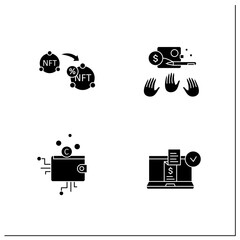 NFT glyph icons set. Non fungible tokens resale, cryptocurrency wallet, digital receipt, popular work.Unique digital assets.Filled flat signs. Isolated silhouette vector illustrations