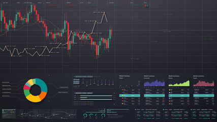 Business stock market, trading, info graphic with animated graphs, charts and data numbers insight analysis to be shown on monitor display screen for business meeting mock up theme