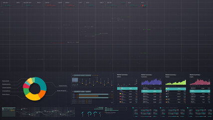 Business stock market, trading, info graphic with animated graphs, charts and data numbers insight analysis to be shown on monitor display screen for business meeting mock up theme