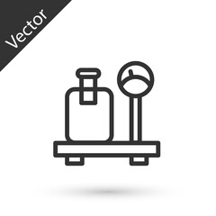 Grey line Scale with suitcase icon isolated on white background. Logistic and delivery. Weight of delivery package on a scale. Vector
