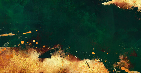 golden abstract elements on a stylish dark green background with watercolor texture	
