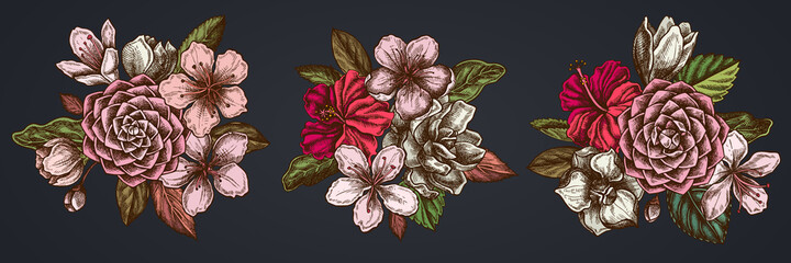 Flower bouquet of colored hibiscus, plum flowers, peach flowers, sakura flowers, magnolia flowers, camellia japonica © Sad