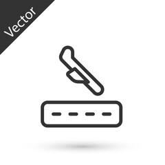 Grey line Plane landing icon isolated on white background. Airplane transport symbol. Vector