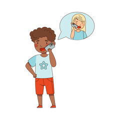 Cute African American Boy Speaking by Phone with His Agemate Vector Illustration