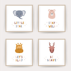 Cute boho animals. Scandinavian posters for children wallpaper and home decor. Cute pastel vector illustration in cartoon style.