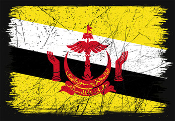 Creative grunge flag of Brunei country. Happy national day of Brunei. Brush flag on shiny black background