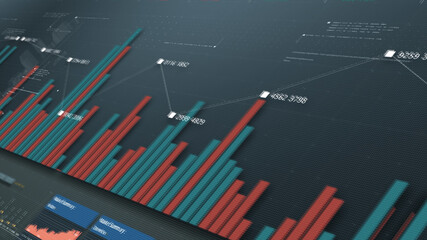 Business stock market, trading, info graphic with animated graphs, charts and data numbers insight analysis to be shown on monitor display screen for business meeting mock up theme