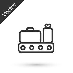 Grey line Airport conveyor belt with passenger luggage, suitcase, bag, baggage icon isolated on white background. Vector