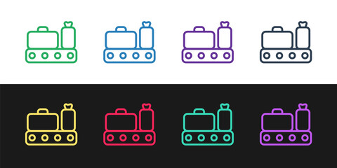 Set line Airport conveyor belt with passenger luggage, suitcase, bag, baggage icon isolated on black and white background. Vector