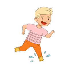 Laughing Boy in Yellow Rubber Boots Enjoying Spring Season Splashing in Puddle Vector Illustration