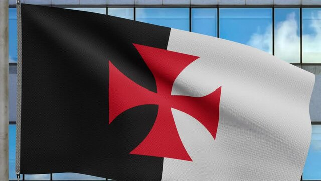 3D The knights templars flag waving on wind at modern city. Poor fellow soldiers of christ and temple of solomon banner blowing, soft and smooth silk.-Dan