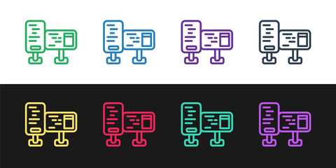 Set line Computer monitor screen icon isolated on black and white background. Electronic device. Front view. Vector