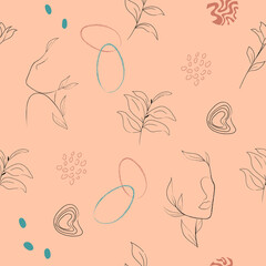 Seamless pattern Abstract shapes and plants. Minimal line women. Abstract modern art. 