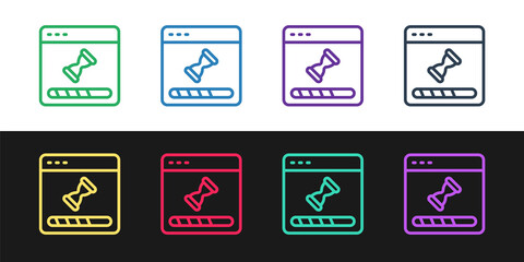 Set line Loading a data window with a progress bar icon isolated on black and white background. Vector