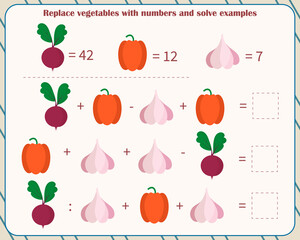  Math game for children. Replace vegetables with numbers and solve examples