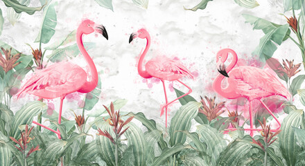 flamingos in tropical streams with textured background, photo wallpaper - obrazy, fototapety, plakaty