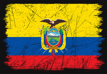 Creative grunge flag of Ecuador country. Happy independence day of Ecuador. Brush flag on shiny black background