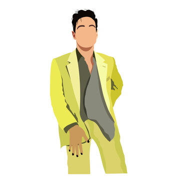 Vector isolated illustration of young dark-haired man in yellow suit and grey shirt with black manicure