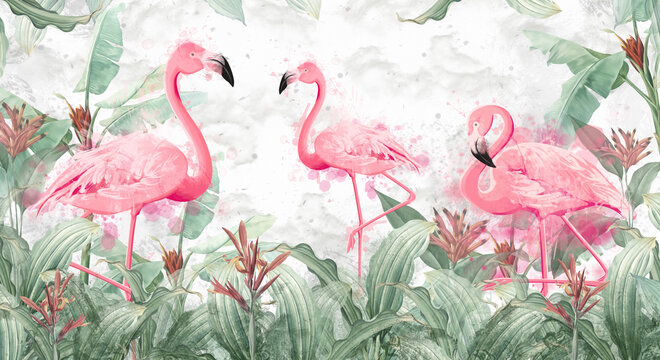 flamingos in tropical streams with textured background, photo wallpaper  Stock Illustration | Adobe Stock