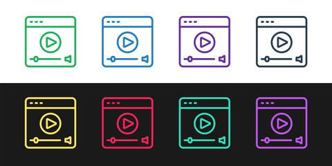 Set line Online play video icon isolated on black and white background. Film strip with play sign. Vector