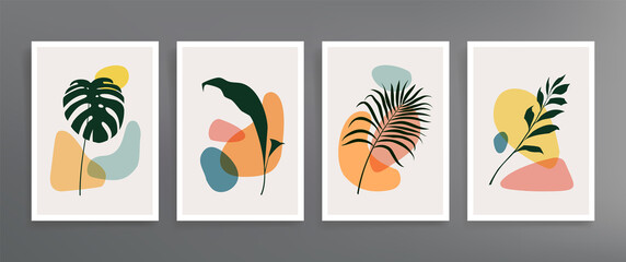 Fototapeta na wymiar Series of vector wall art posters on a botanical theme. Set of hand drawn line of foliage and geometric shapes. Abstract plant design for prints, covers, wallpapers, minimalistic and natural wall art.
