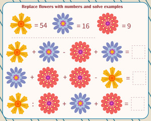  Math game for children. Replace flowers with numbers and solve examples